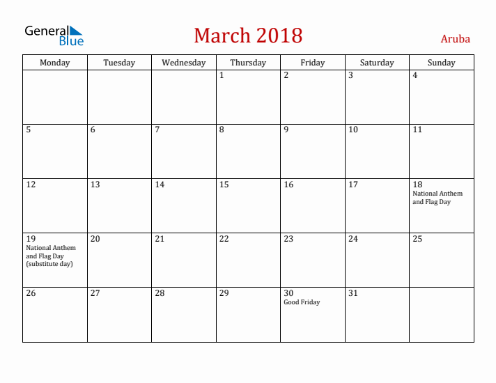 Aruba March 2018 Calendar - Monday Start