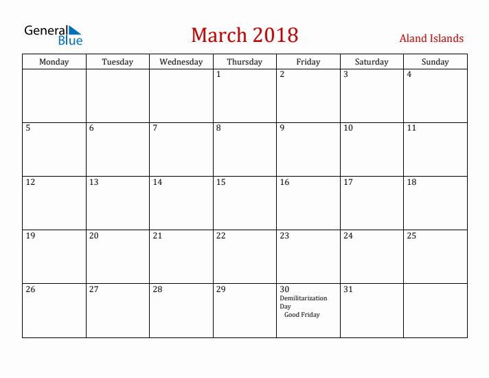 Aland Islands March 2018 Calendar - Monday Start