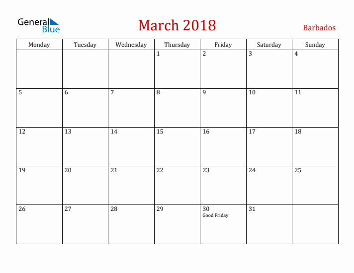 Barbados March 2018 Calendar - Monday Start