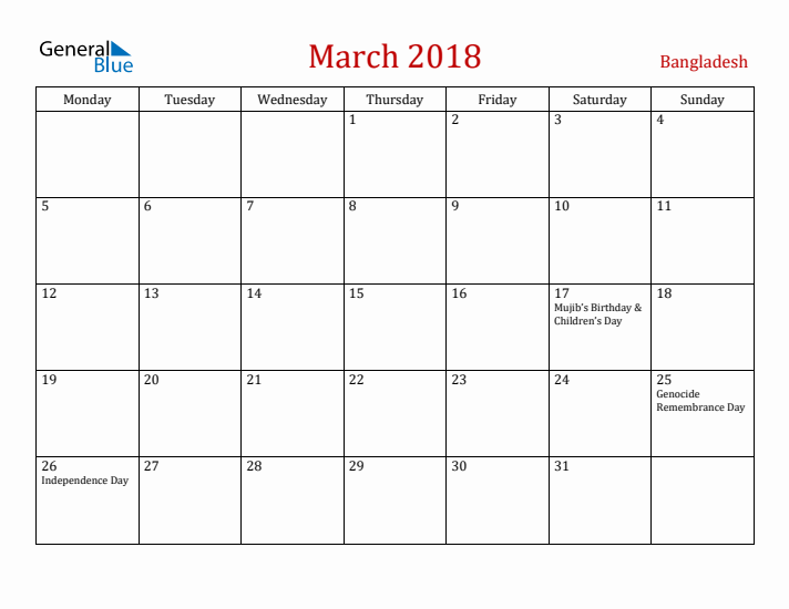 Bangladesh March 2018 Calendar - Monday Start