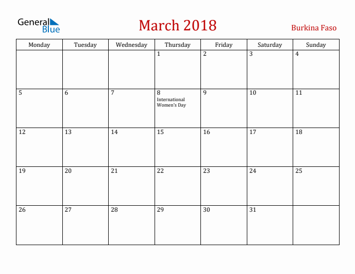 Burkina Faso March 2018 Calendar - Monday Start
