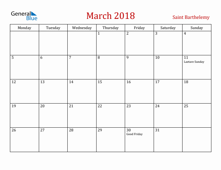 Saint Barthelemy March 2018 Calendar - Monday Start