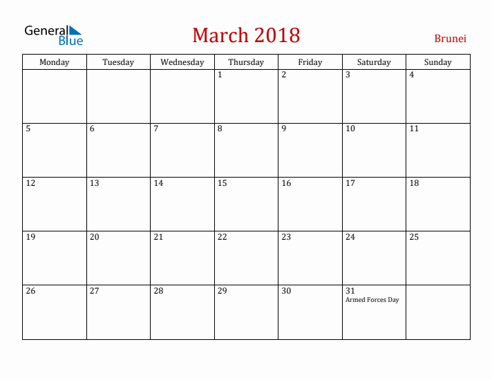 Brunei March 2018 Calendar - Monday Start