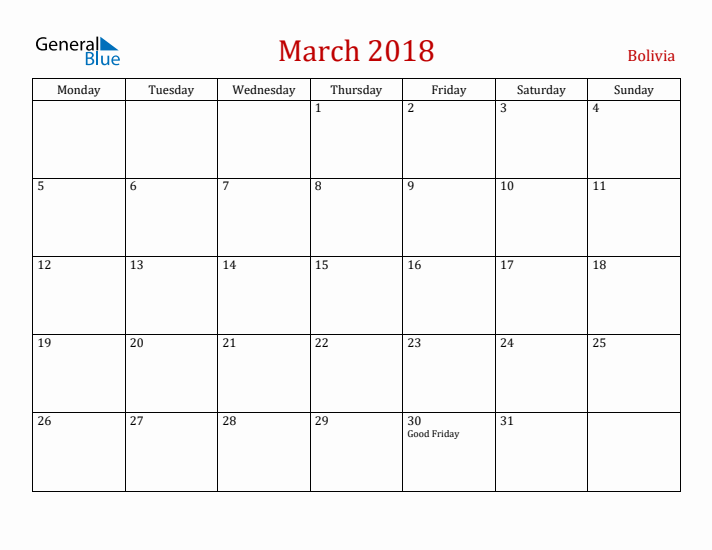 Bolivia March 2018 Calendar - Monday Start