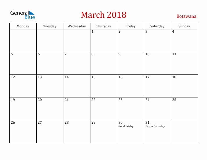 Botswana March 2018 Calendar - Monday Start