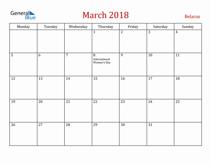 Belarus March 2018 Calendar - Monday Start