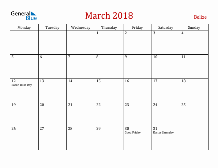 Belize March 2018 Calendar - Monday Start