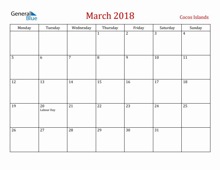 Cocos Islands March 2018 Calendar - Monday Start