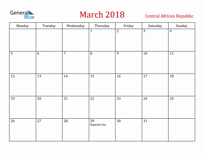 Central African Republic March 2018 Calendar - Monday Start