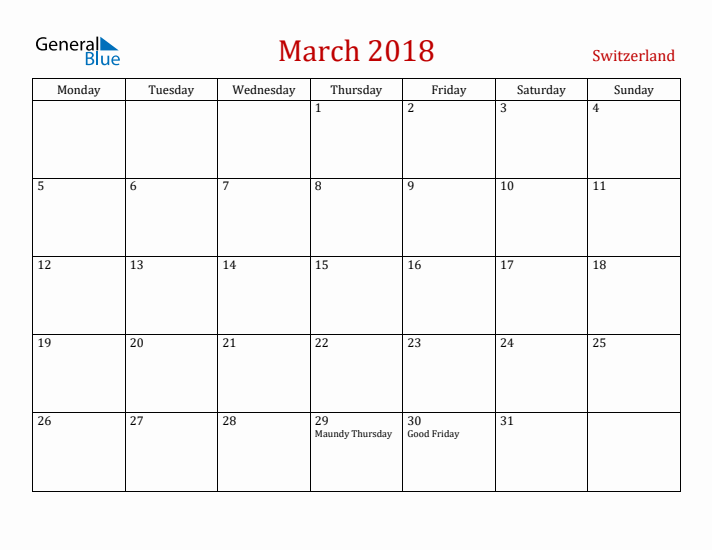 Switzerland March 2018 Calendar - Monday Start
