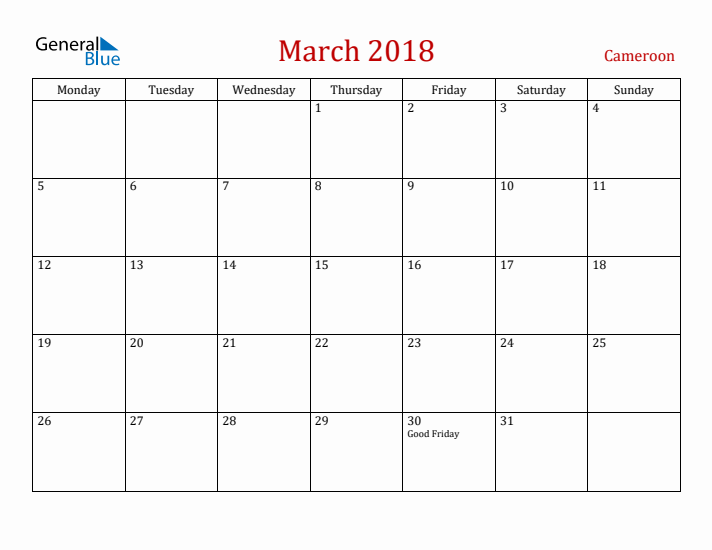 Cameroon March 2018 Calendar - Monday Start