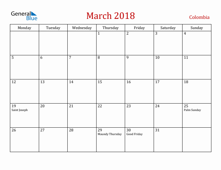 Colombia March 2018 Calendar - Monday Start
