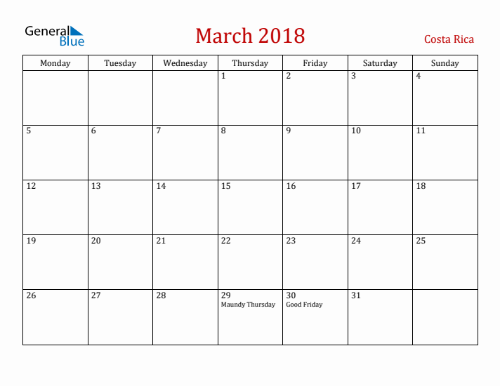 Costa Rica March 2018 Calendar - Monday Start