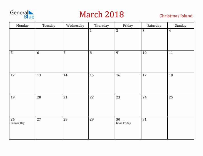Christmas Island March 2018 Calendar - Monday Start