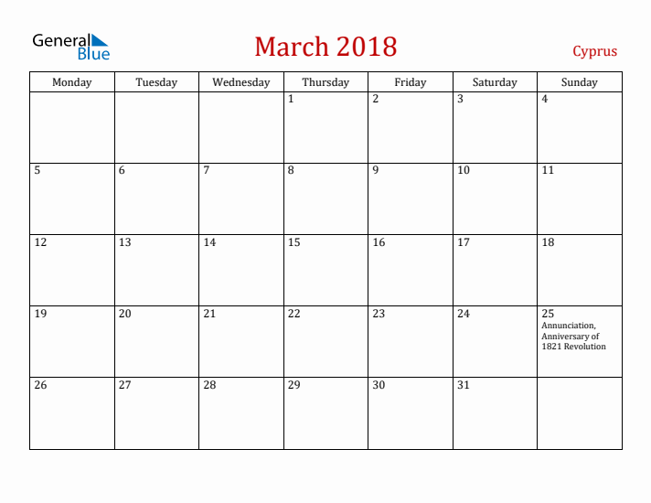 Cyprus March 2018 Calendar - Monday Start