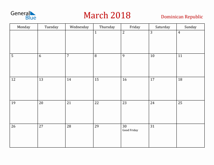Dominican Republic March 2018 Calendar - Monday Start