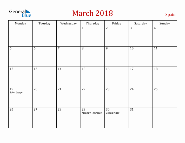 Spain March 2018 Calendar - Monday Start