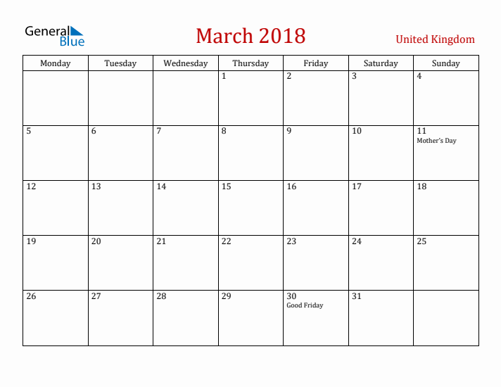 United Kingdom March 2018 Calendar - Monday Start