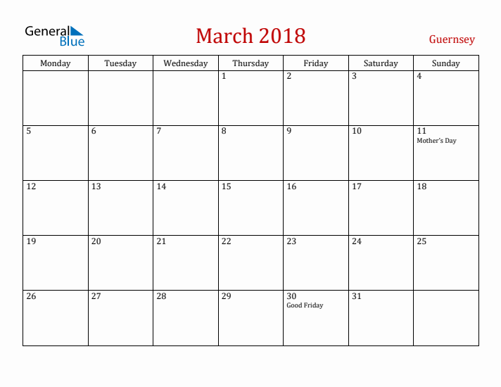 Guernsey March 2018 Calendar - Monday Start