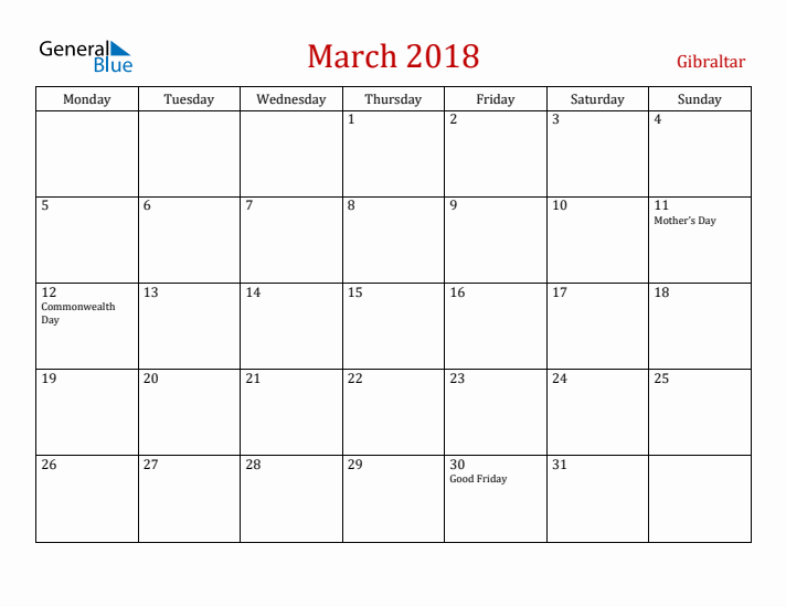 Gibraltar March 2018 Calendar - Monday Start