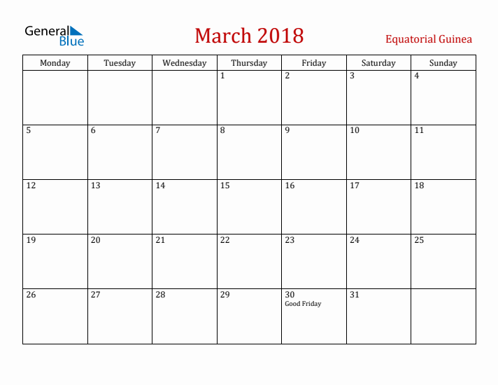 Equatorial Guinea March 2018 Calendar - Monday Start