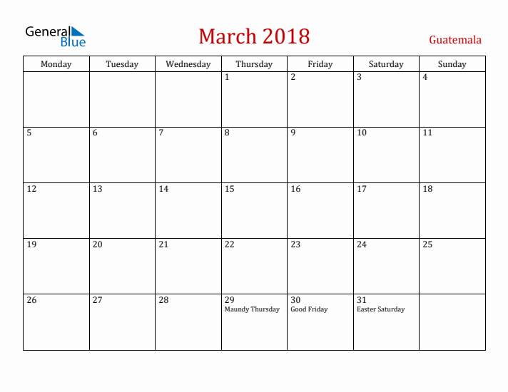 Guatemala March 2018 Calendar - Monday Start