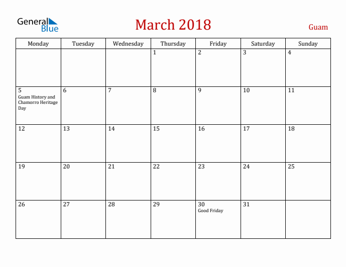 Guam March 2018 Calendar - Monday Start