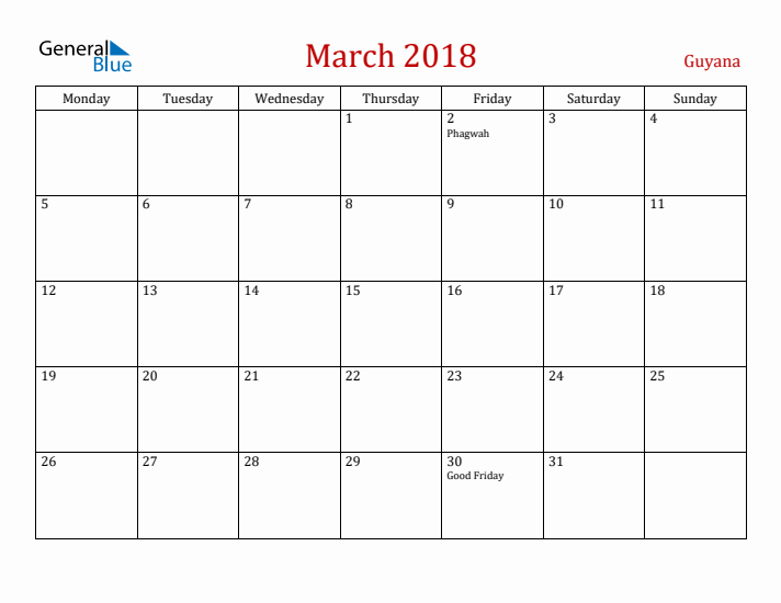 Guyana March 2018 Calendar - Monday Start
