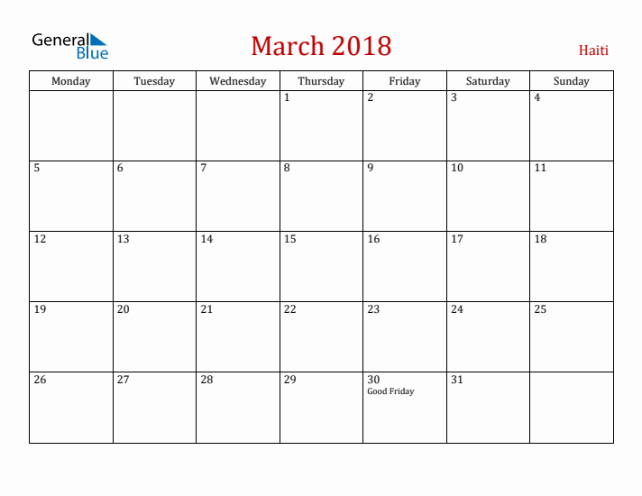 Haiti March 2018 Calendar - Monday Start