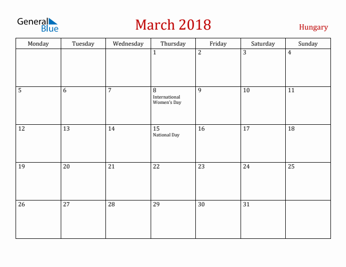 Hungary March 2018 Calendar - Monday Start