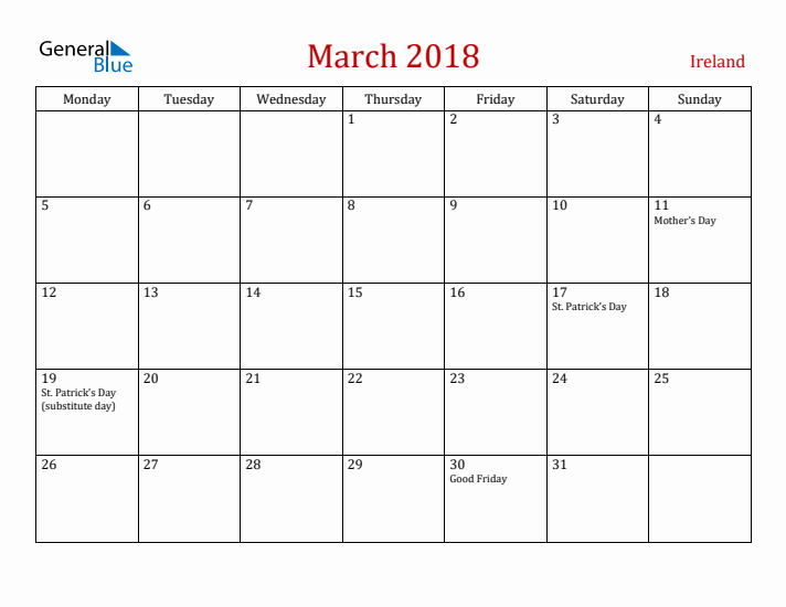 Ireland March 2018 Calendar - Monday Start
