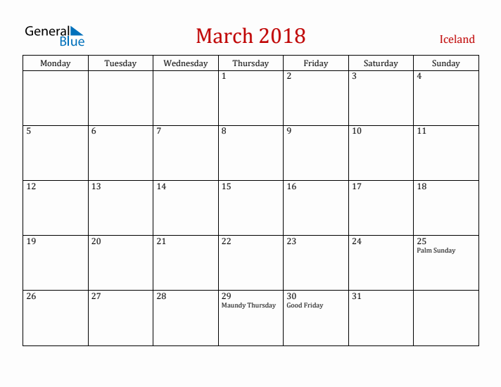 Iceland March 2018 Calendar - Monday Start