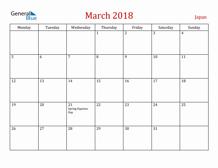 Japan March 2018 Calendar - Monday Start