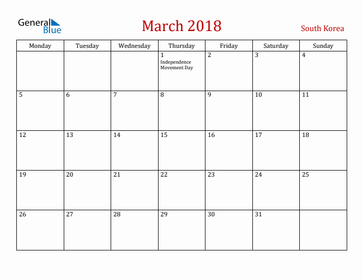 South Korea March 2018 Calendar - Monday Start
