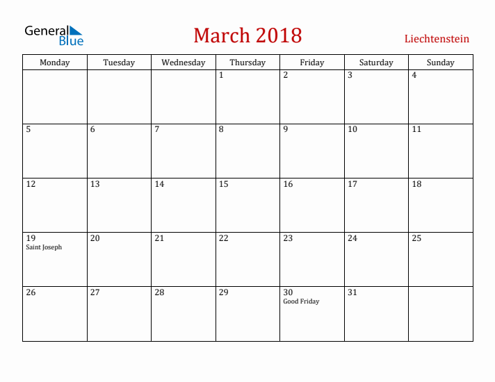 Liechtenstein March 2018 Calendar - Monday Start