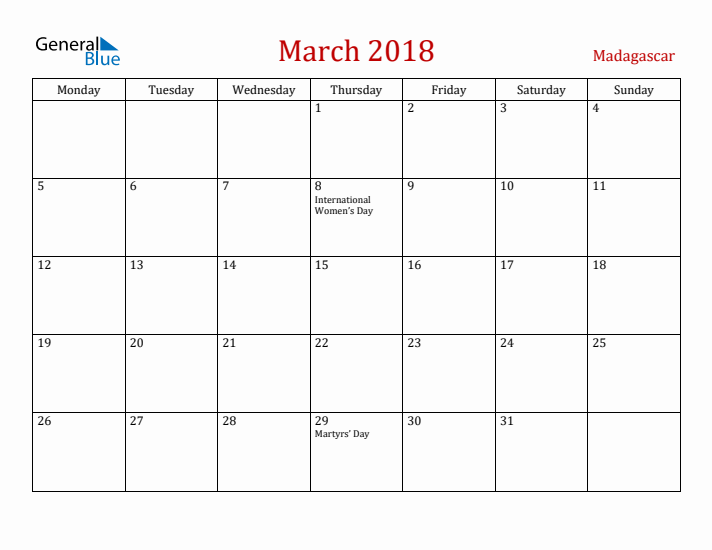 Madagascar March 2018 Calendar - Monday Start