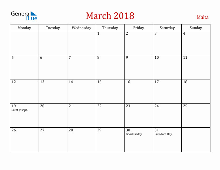 Malta March 2018 Calendar - Monday Start