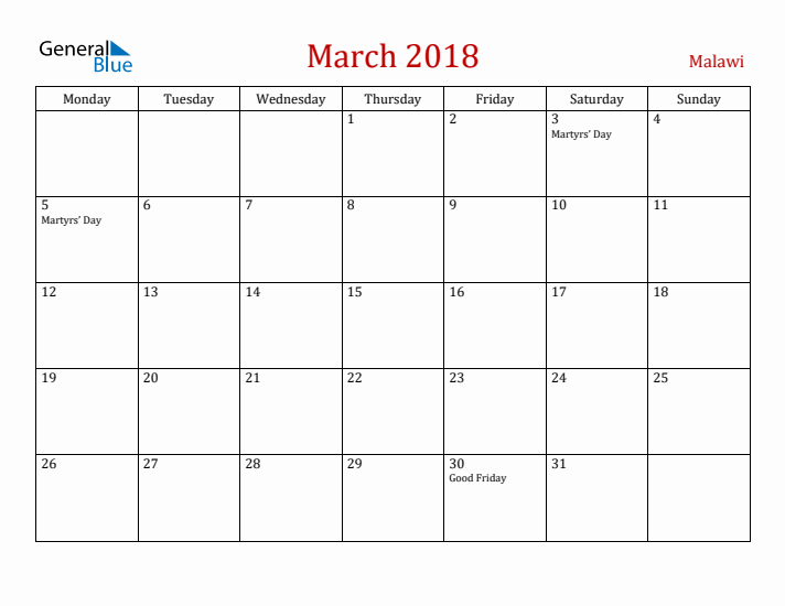 Malawi March 2018 Calendar - Monday Start