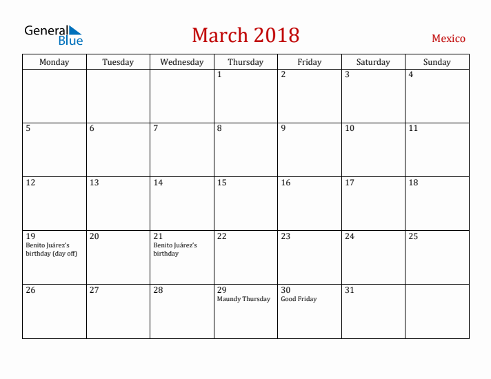 Mexico March 2018 Calendar - Monday Start