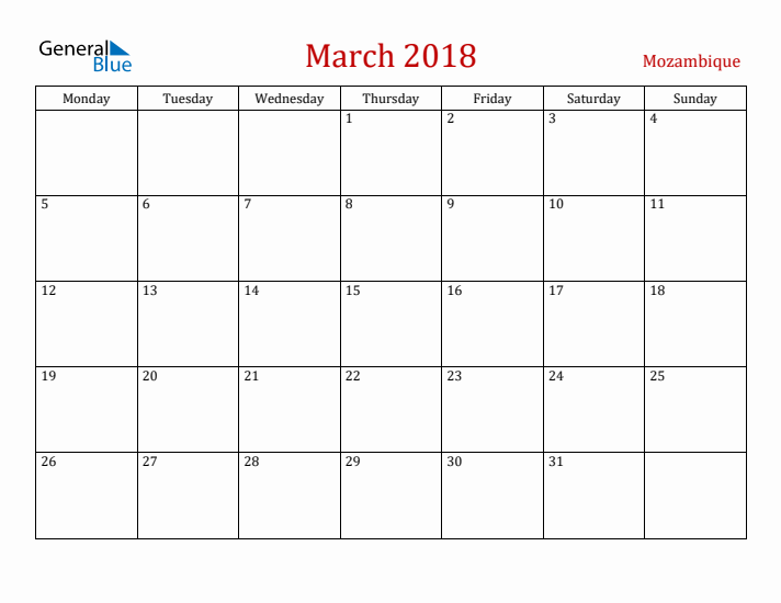Mozambique March 2018 Calendar - Monday Start