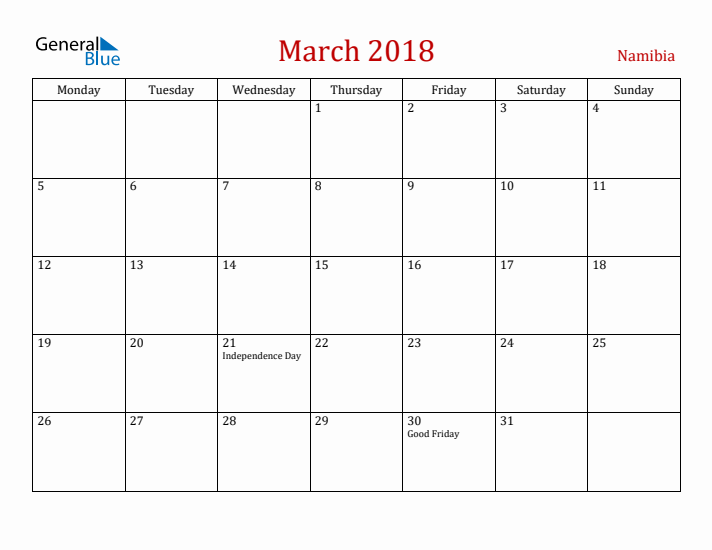 Namibia March 2018 Calendar - Monday Start