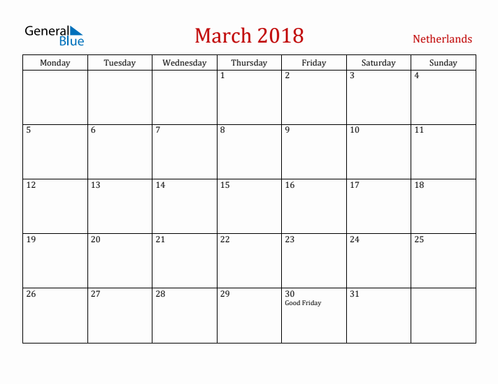 The Netherlands March 2018 Calendar - Monday Start