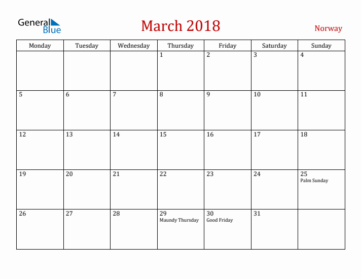 Norway March 2018 Calendar - Monday Start