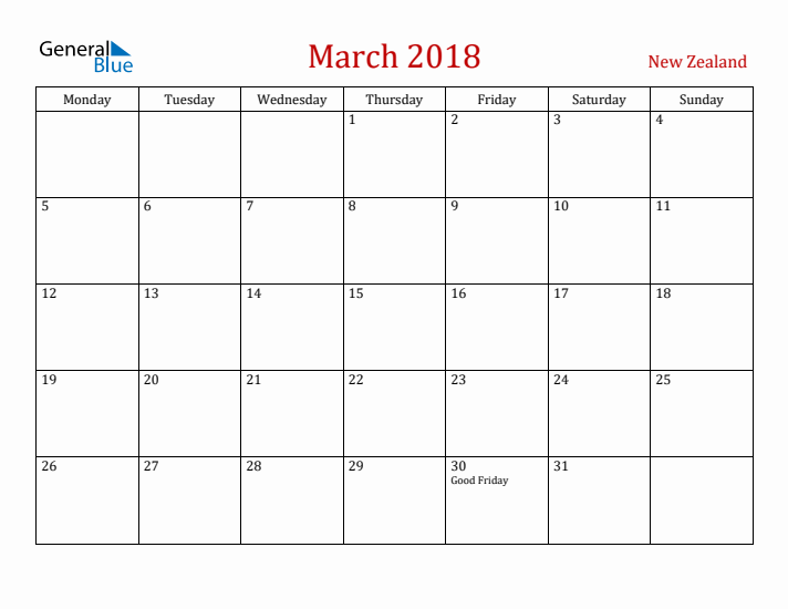 New Zealand March 2018 Calendar - Monday Start