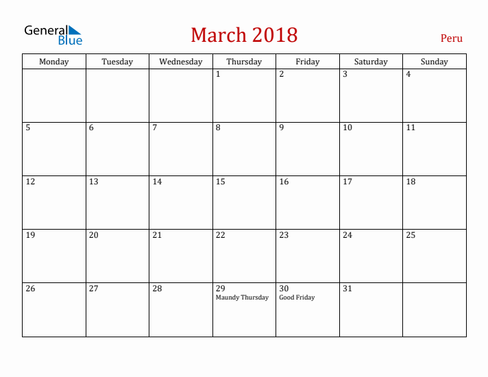 Peru March 2018 Calendar - Monday Start