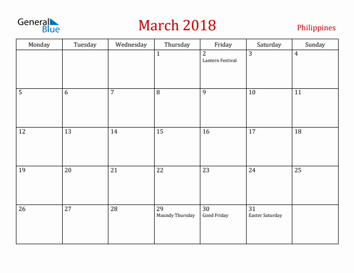 Philippines March 2018 Calendar - Monday Start