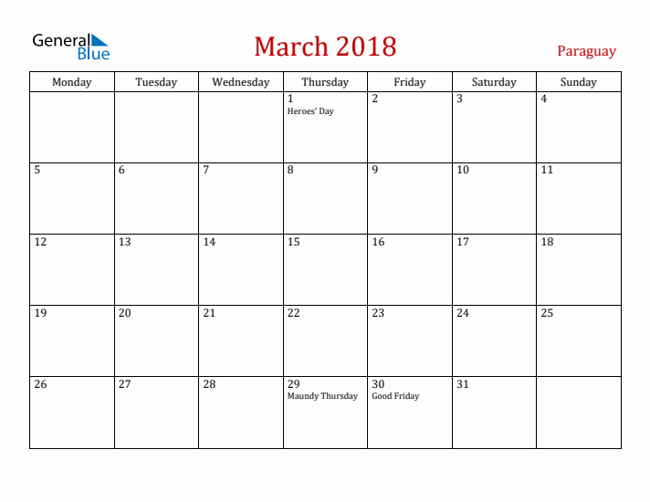 Paraguay March 2018 Calendar - Monday Start