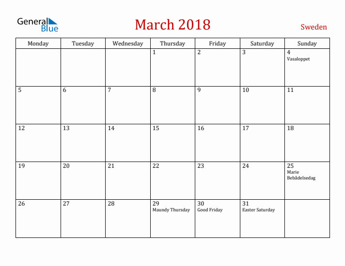 Sweden March 2018 Calendar - Monday Start