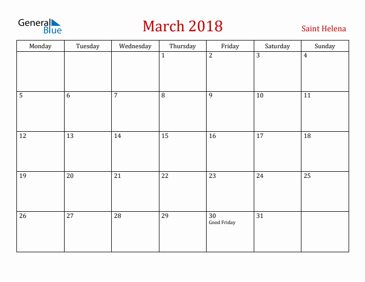 Saint Helena March 2018 Calendar - Monday Start