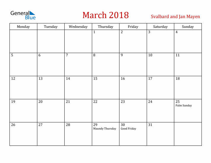 Svalbard and Jan Mayen March 2018 Calendar - Monday Start